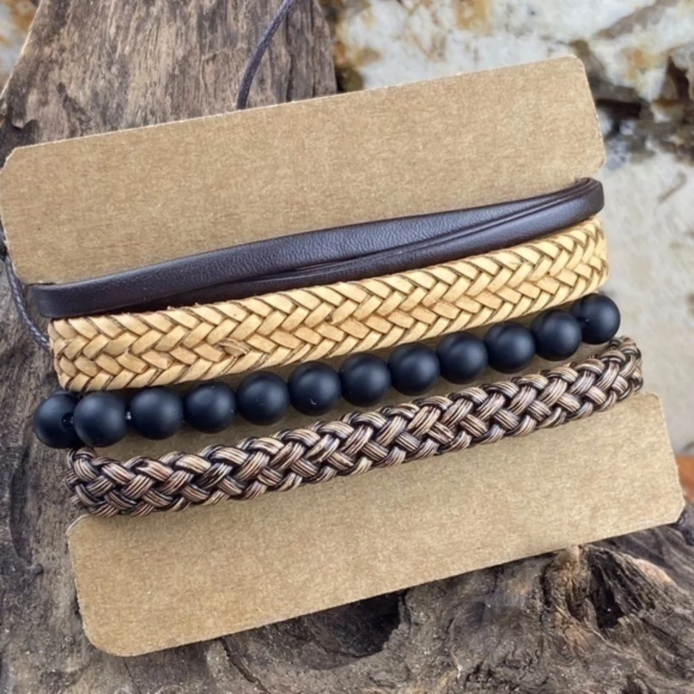 Mens Bracelets Bundle Adjustable Leather and Hemp Matte Onyx Stone Beads